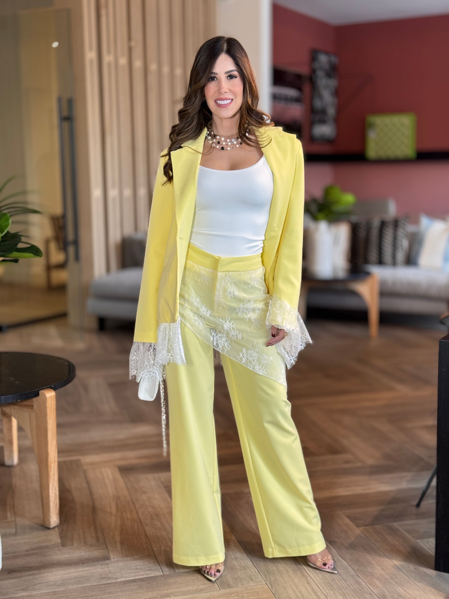 Italy Yellow Lace Blazer Set