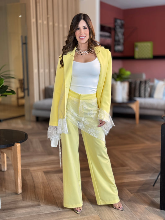 Italy Yellow Lace Blazer Set