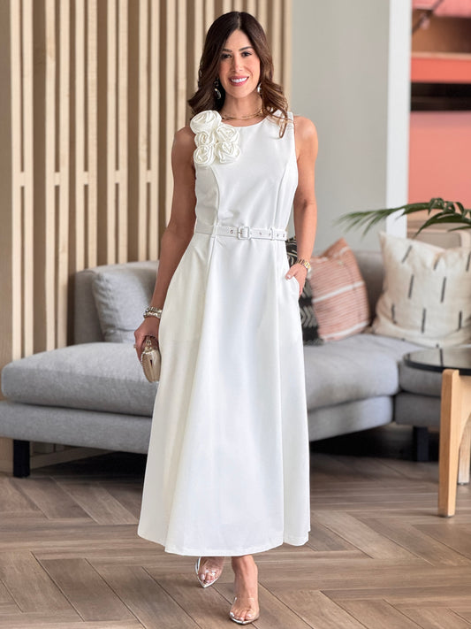 Coty White 3D Flowers Midi Dress