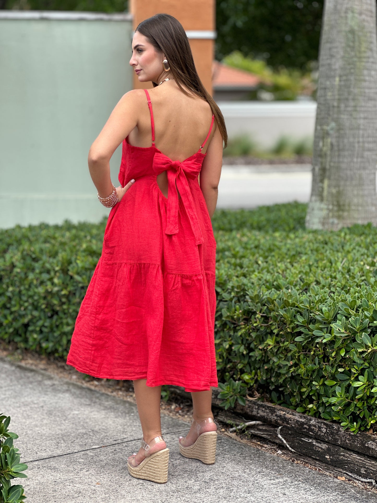 Endrina Red Linen Midi Dress