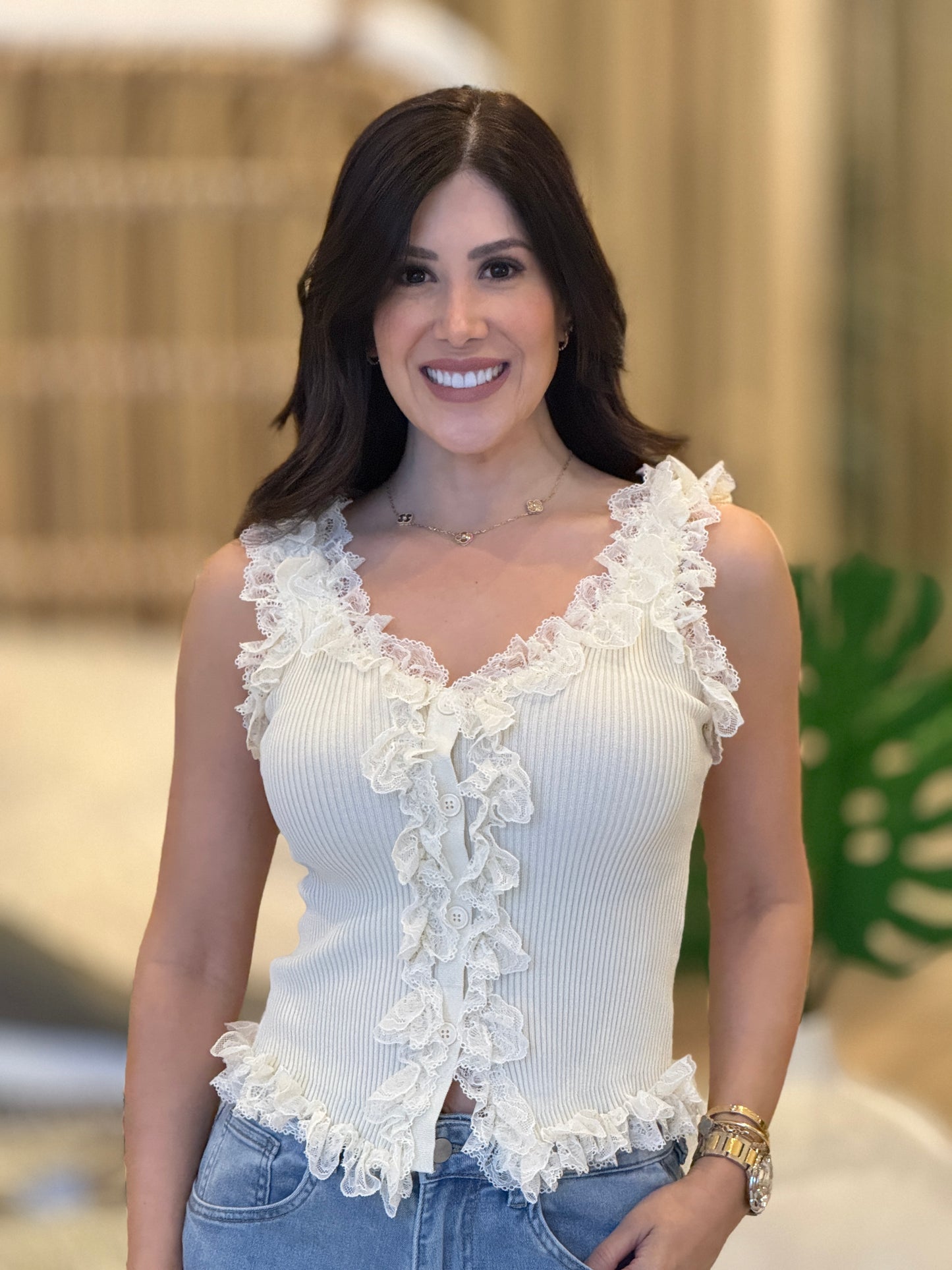 Gaia Beige Ruffle Lace Top