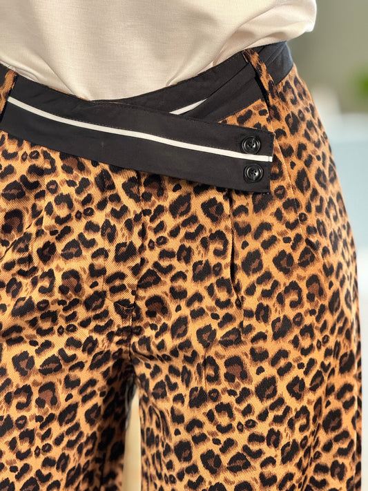 Nadette Leopard Crossed Black Waistband Pants