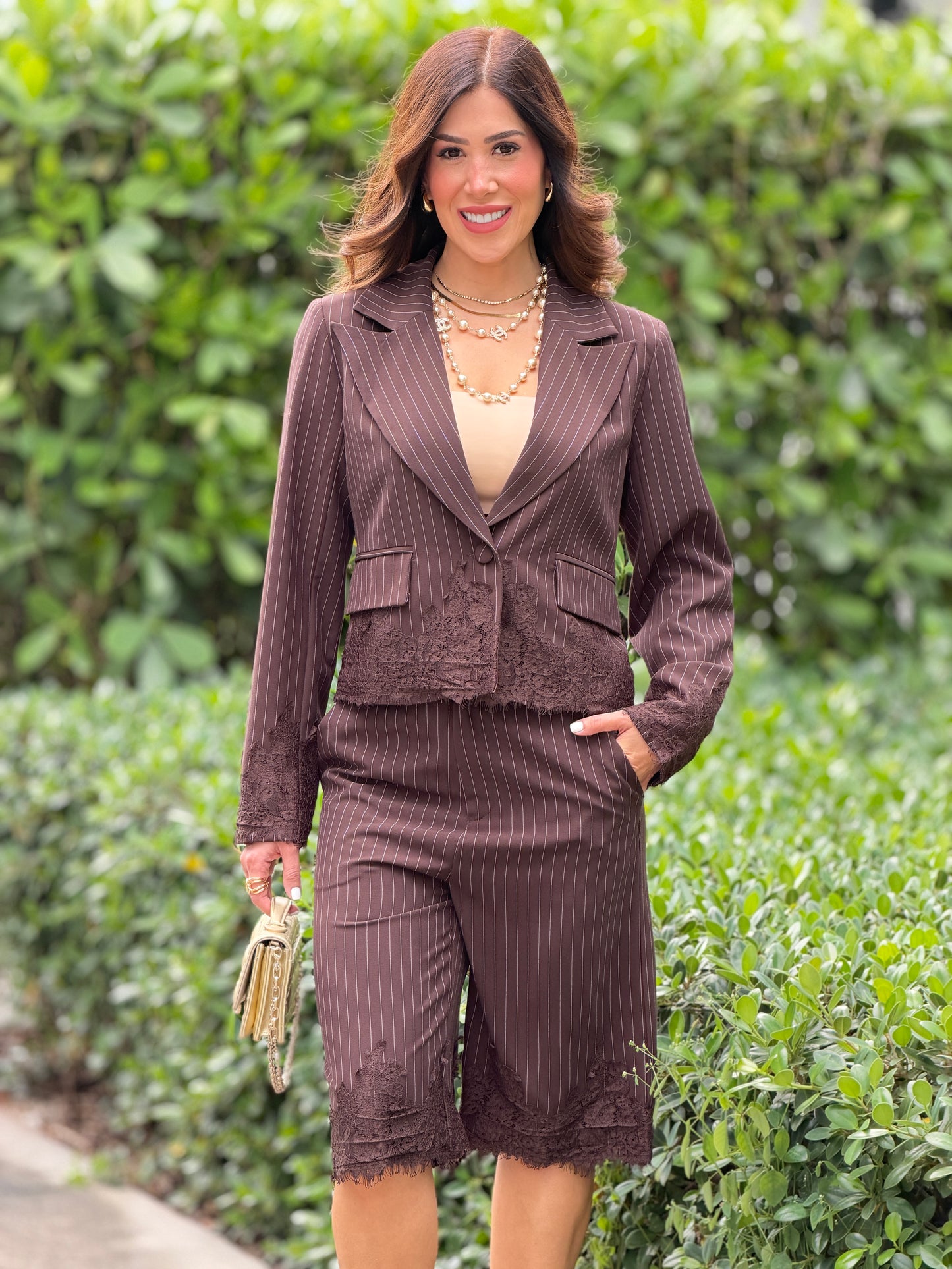 3226 Tea Brown Lines Bermuda Set