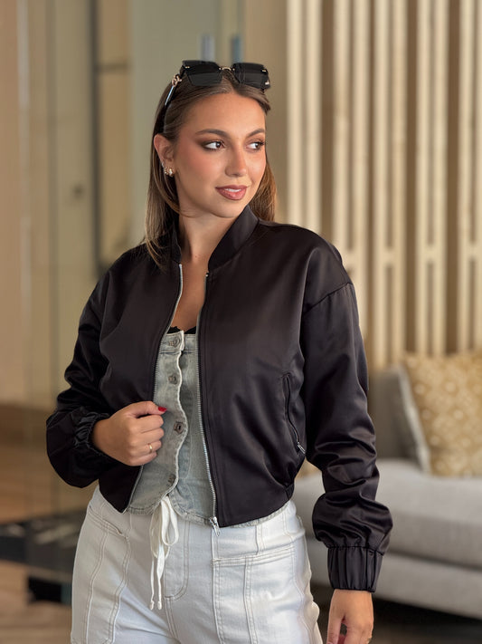 Adie Black Satin Bomber Jacket Top