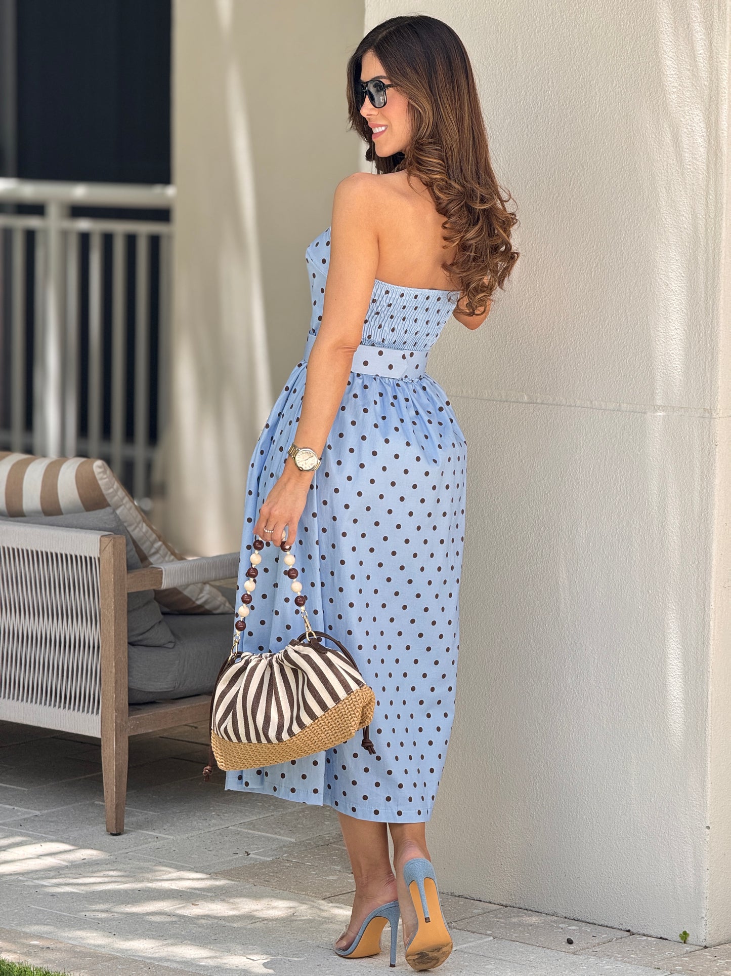 Italy Blue Polka Dots Strapless Dress