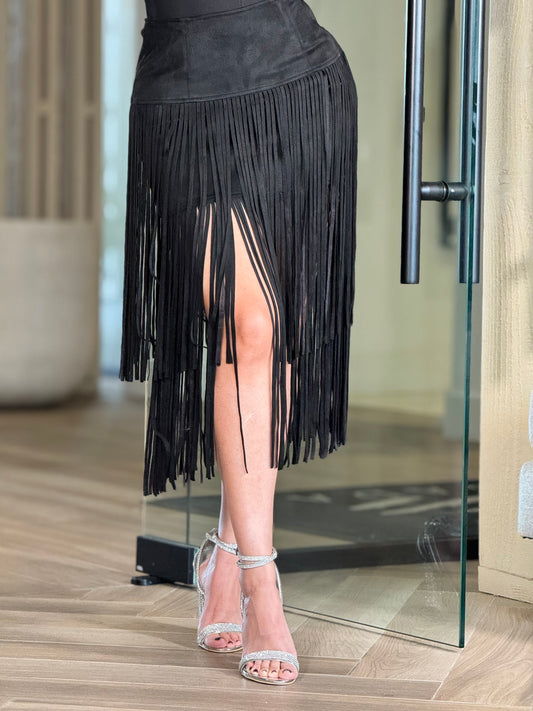 Astrid Black Velvet Fringe Skirt