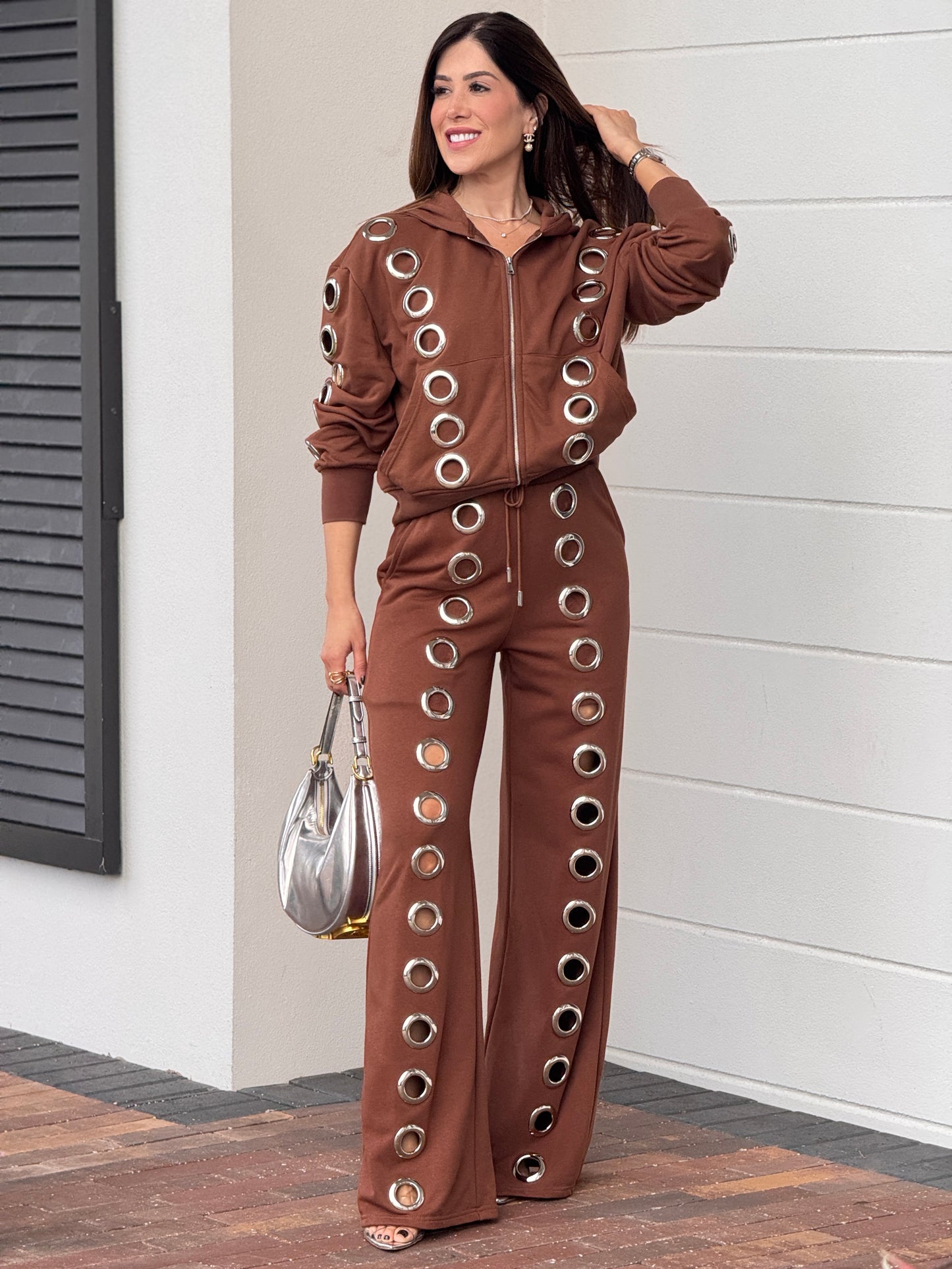 Chic Brown Front Silver Rings Sport Set
