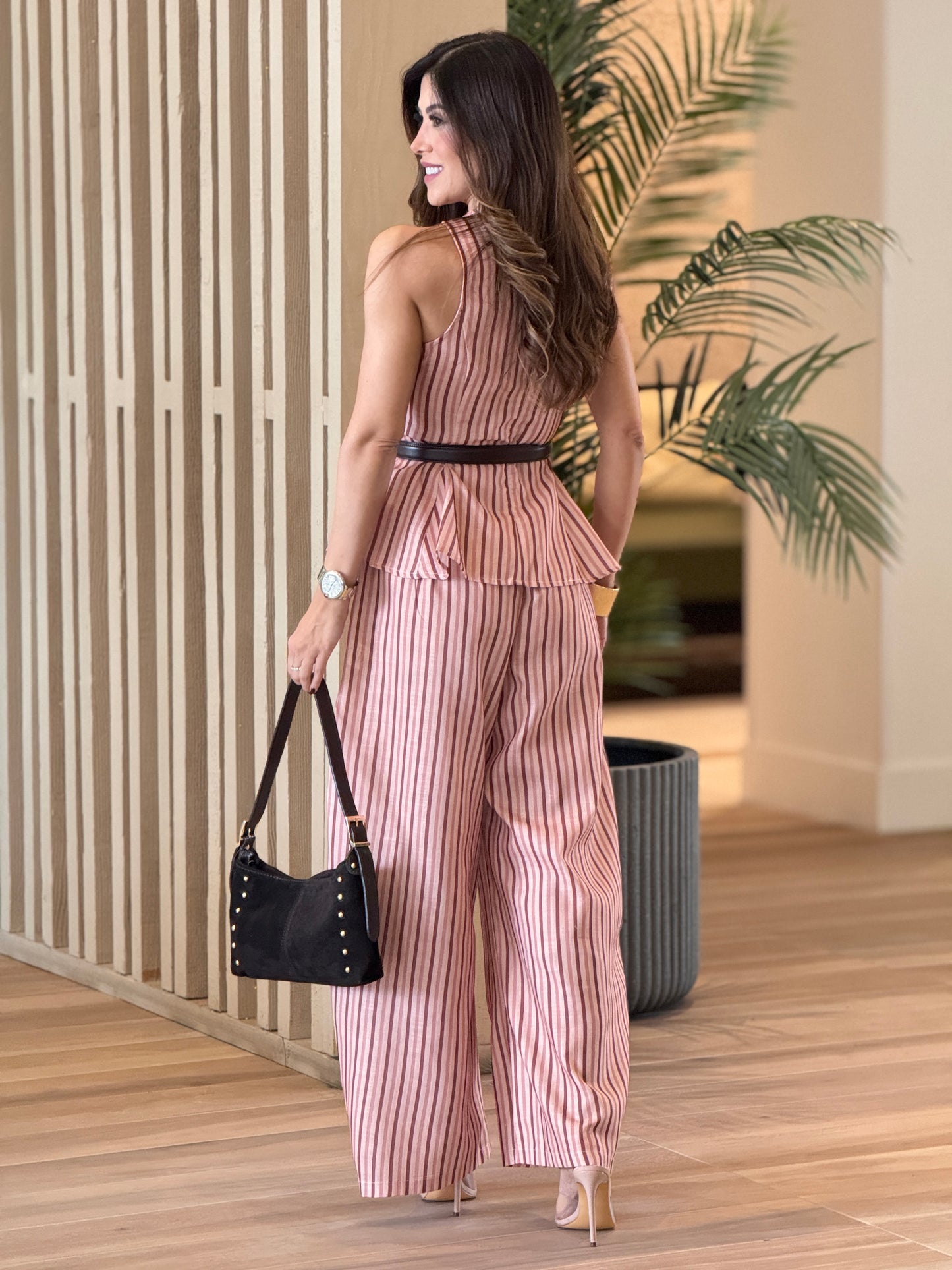 Voguish Peach/Brown Lines Peplum Set