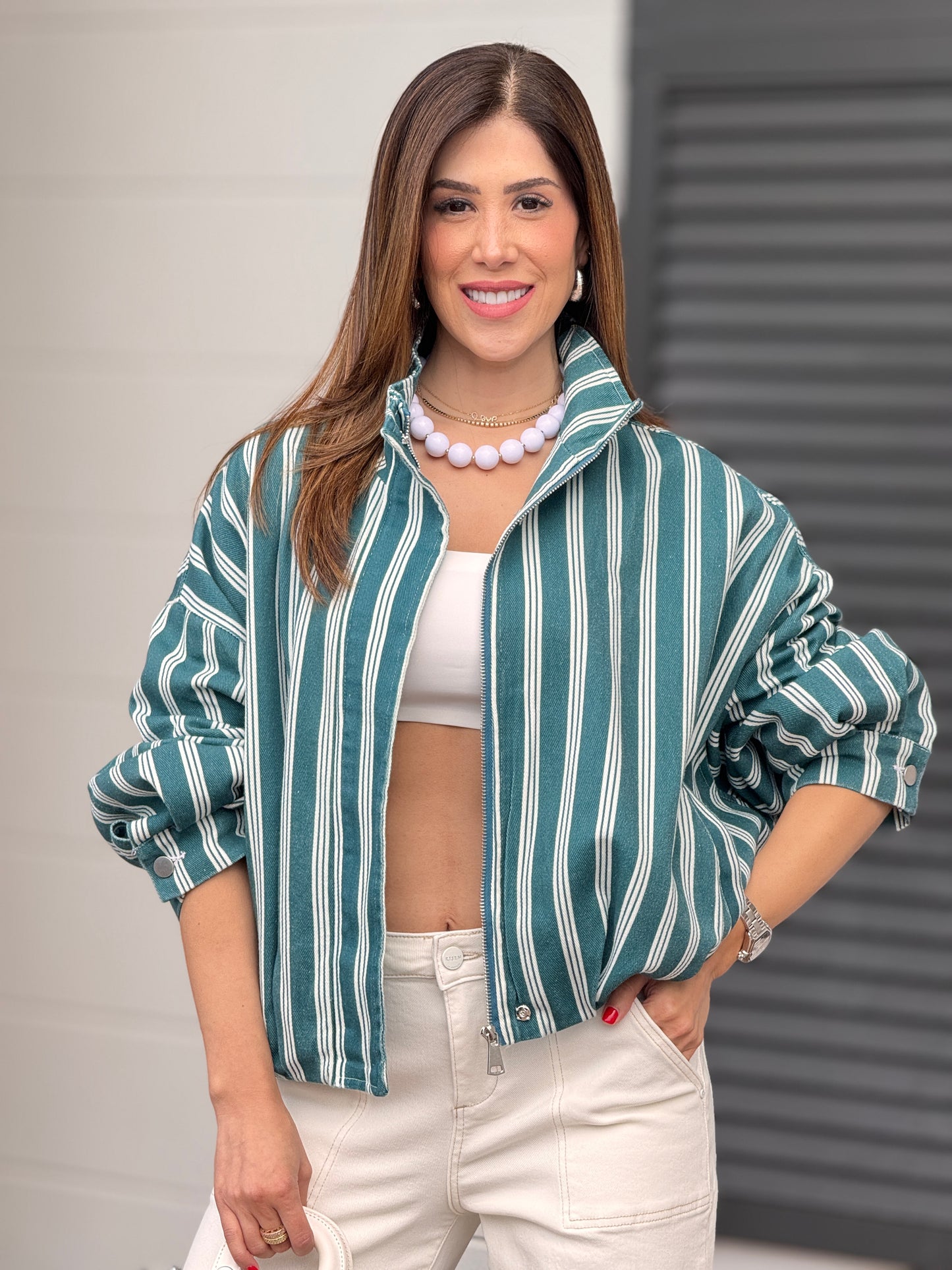 Perky Aqua Green Lines Denim Jacket Top