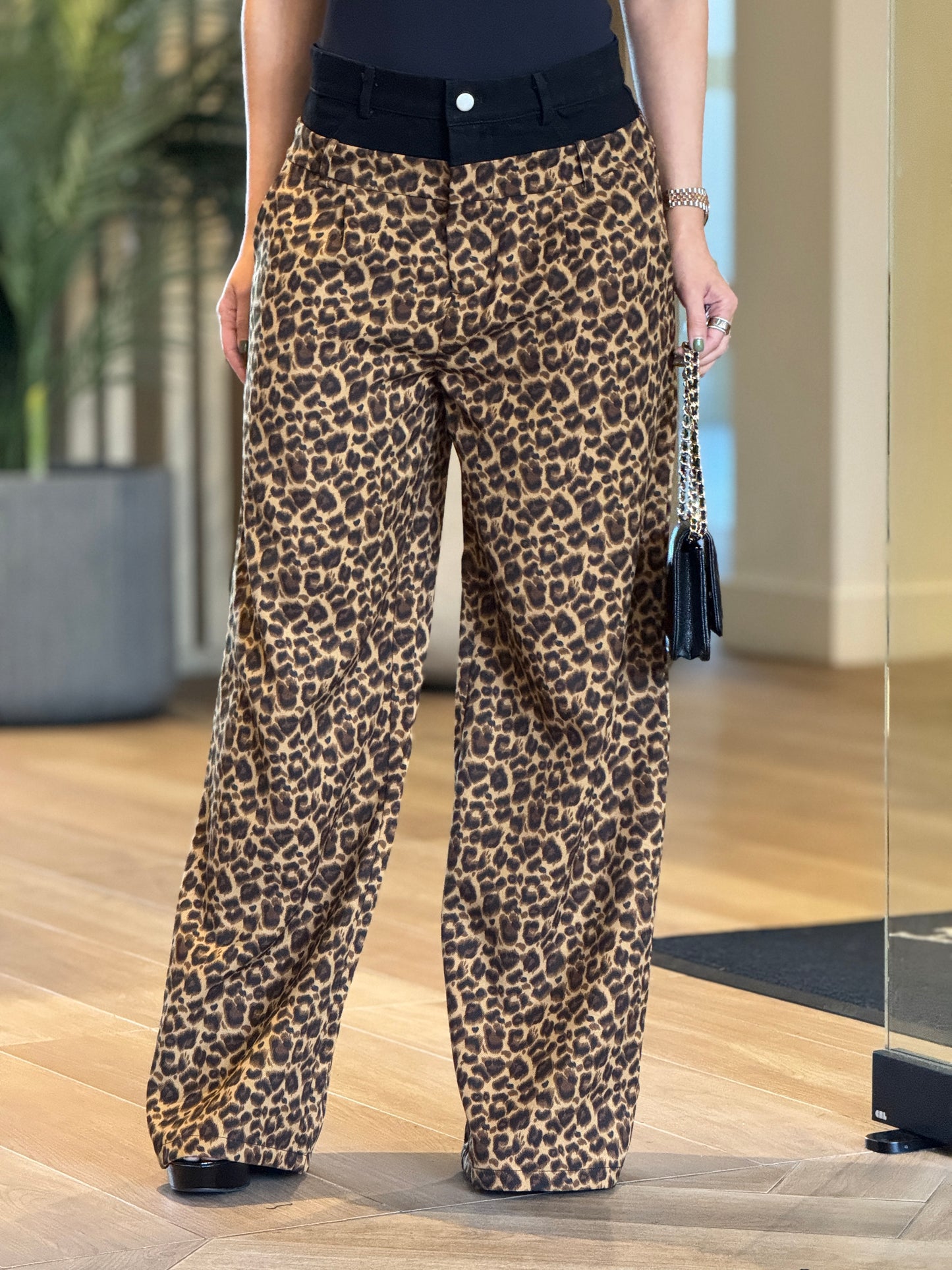 Mimosa Leopard/Leather Waistband Pants