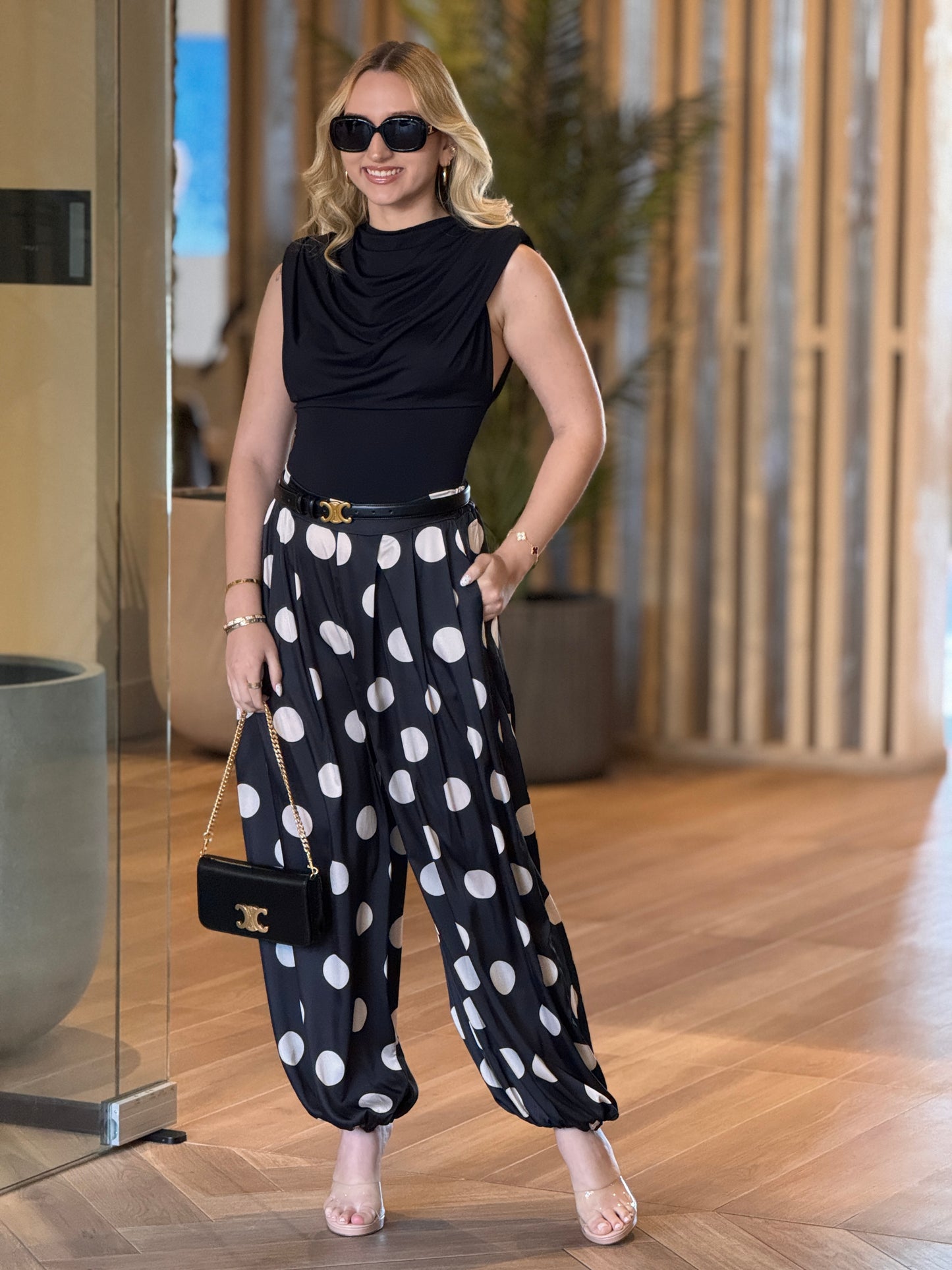 Italian Polka Dots Black Satin Pants