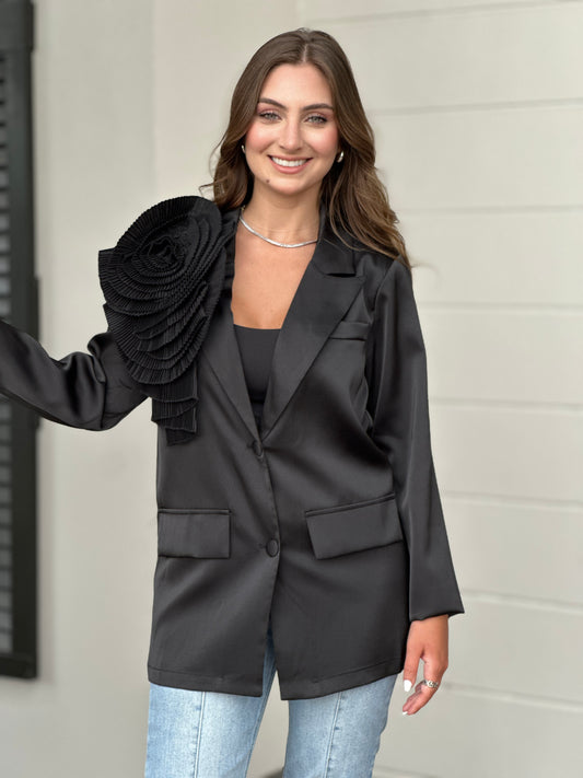 Rose 3D Flower Black Satin Blazer