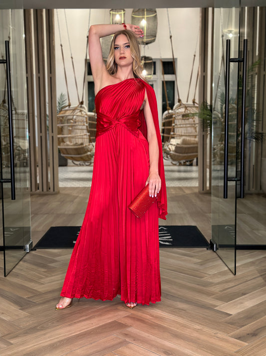 Reyna Red Satin Drapped Jumpsuit Gala