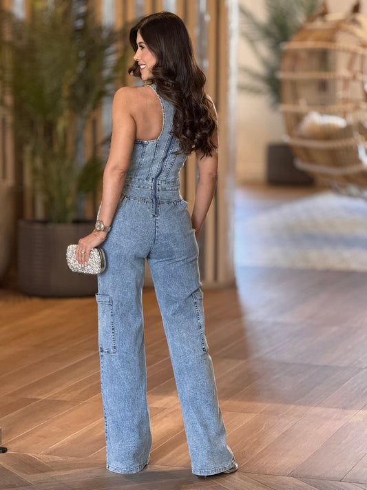 Shakira Denim Rhinestone Jumpsuit