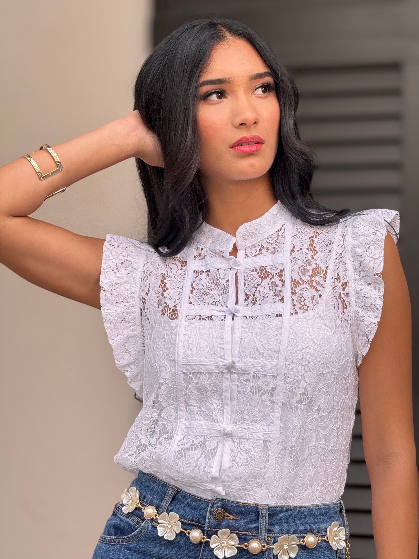 Nyla Chinese Off White Torchon Ruffle Top