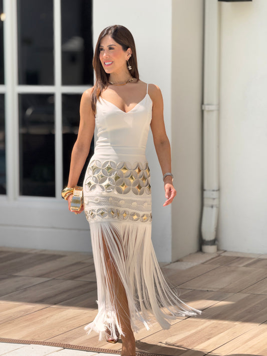 Chic White/Gold Cutout Dress