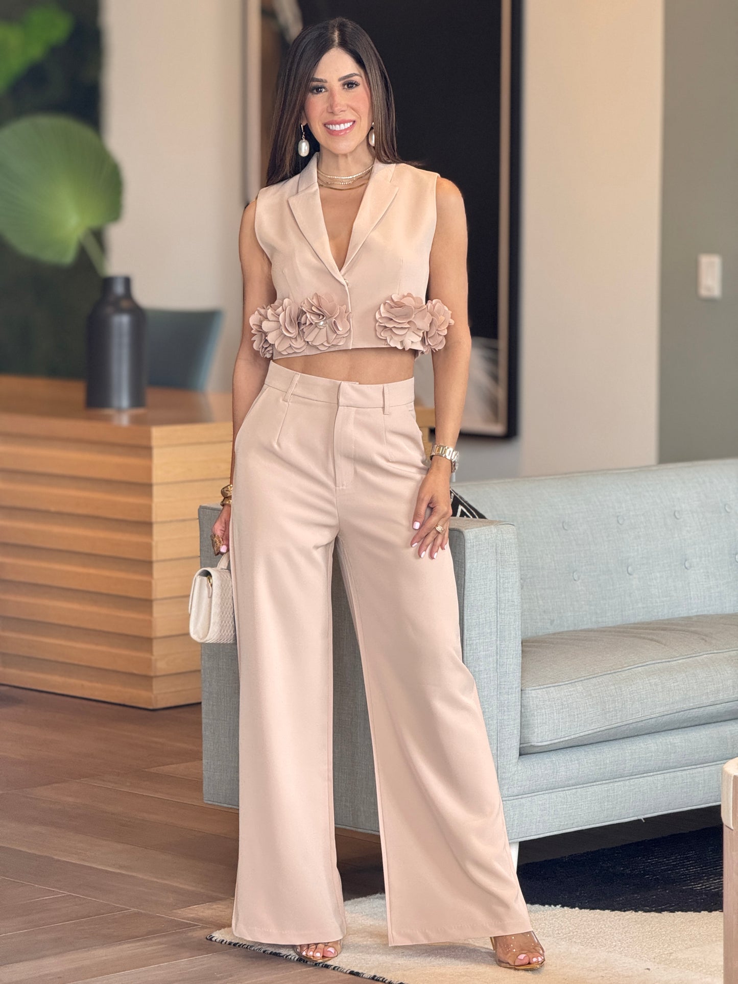 Erika Beige 3D Flowers Trousers Set