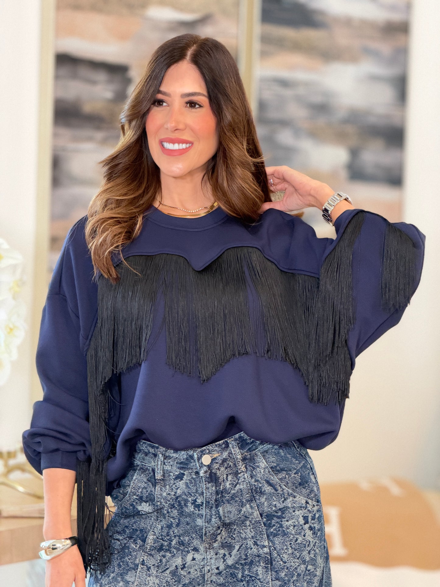 6376 Ludmi Navy Fringe Sweater Top