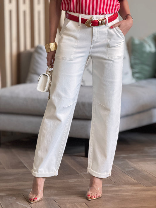 Risen Ivory Stitches Barrel Jeans
