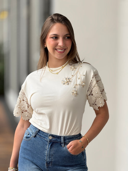 Pastel Beige Rhinestone T-Shirt