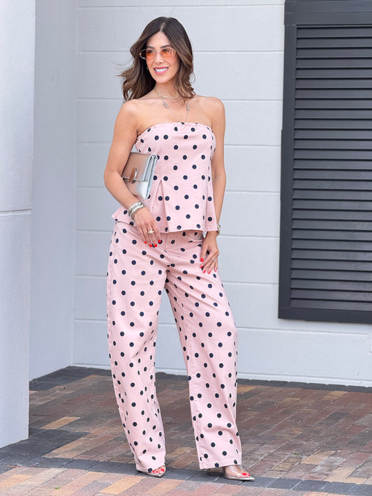 Kelsi Pink/Black Polka Dots Peplum Set