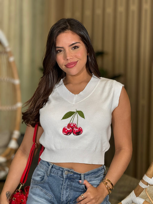 Cherry White Knitted Top