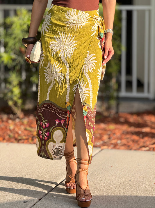 Palms Green/Brown Print Midi Skirt