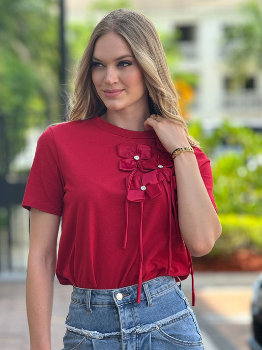 Micaela Red 3D Flower T-Shirt