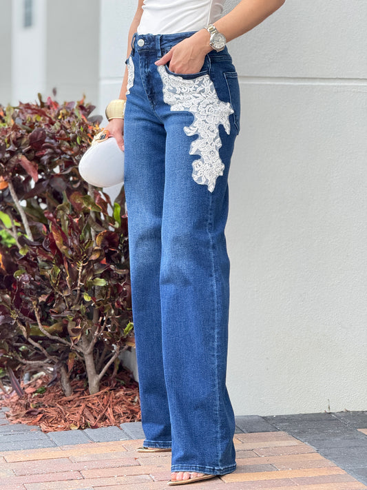 Risen Dark Denim White Lace Jeans