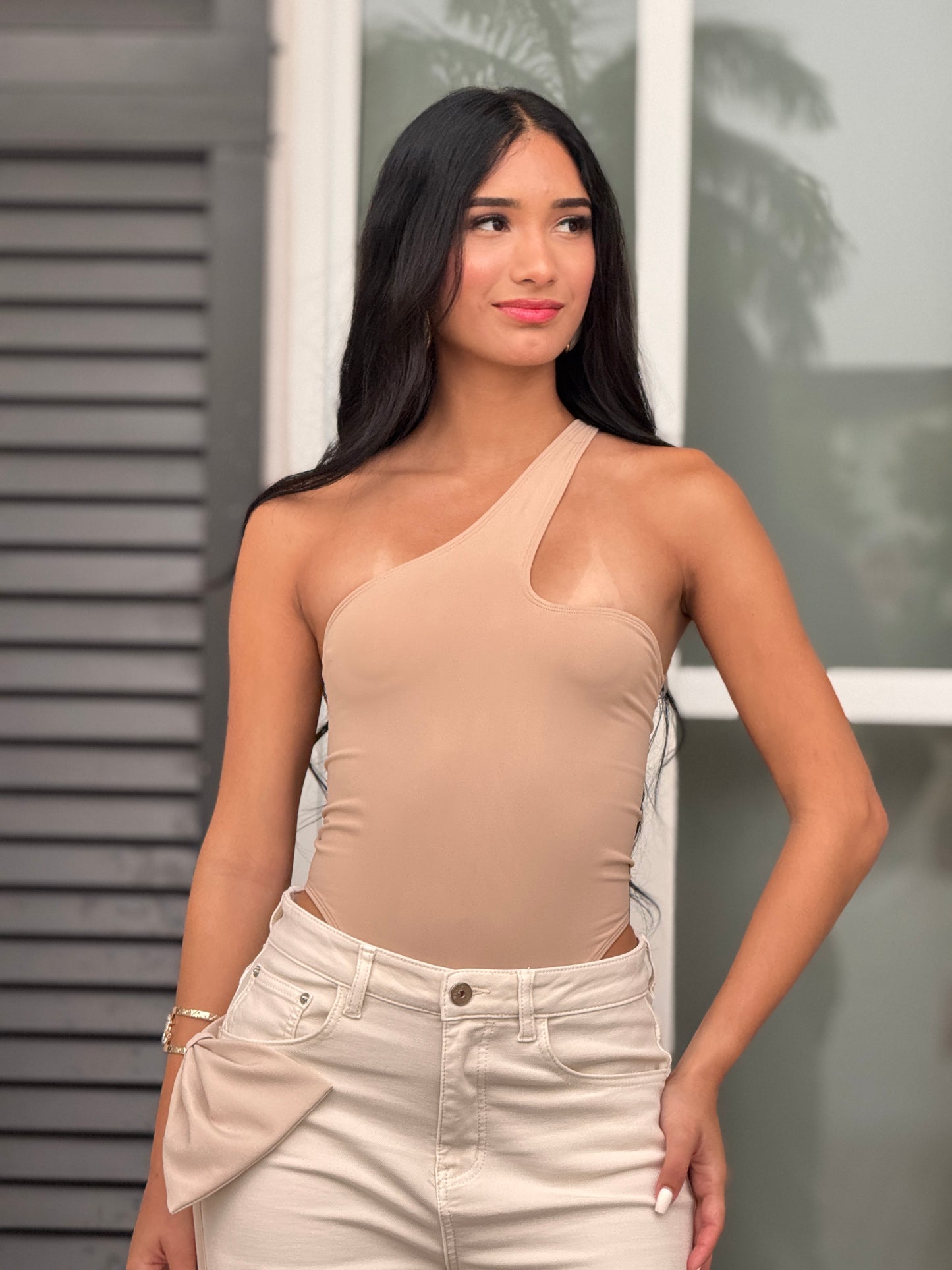Dyna Beige Shoulder Crossed Body Top
