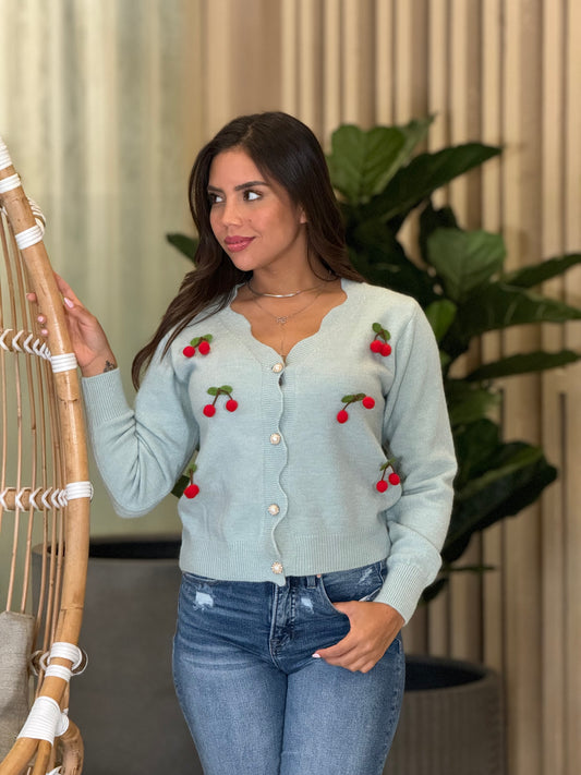 Cherries Turquoise Knitted Sweater