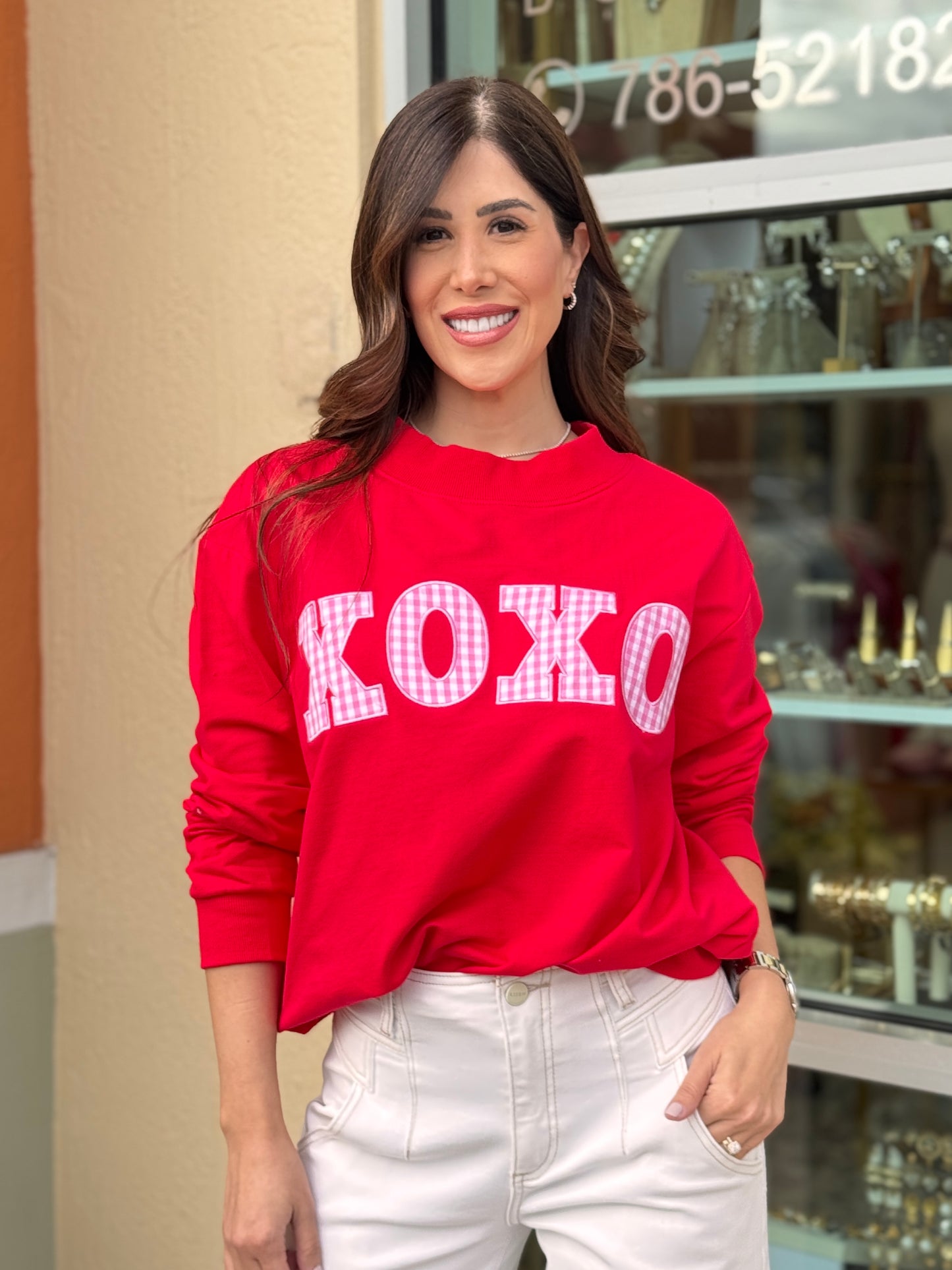XOXO Red/Pink Gingham Sweater Top