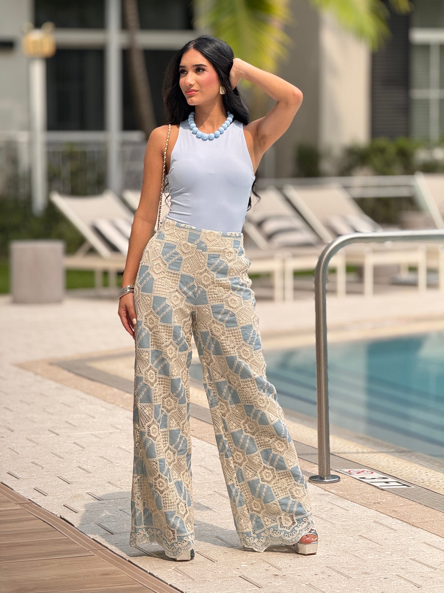 Creta Blue/Beige Torchon Wide Pants