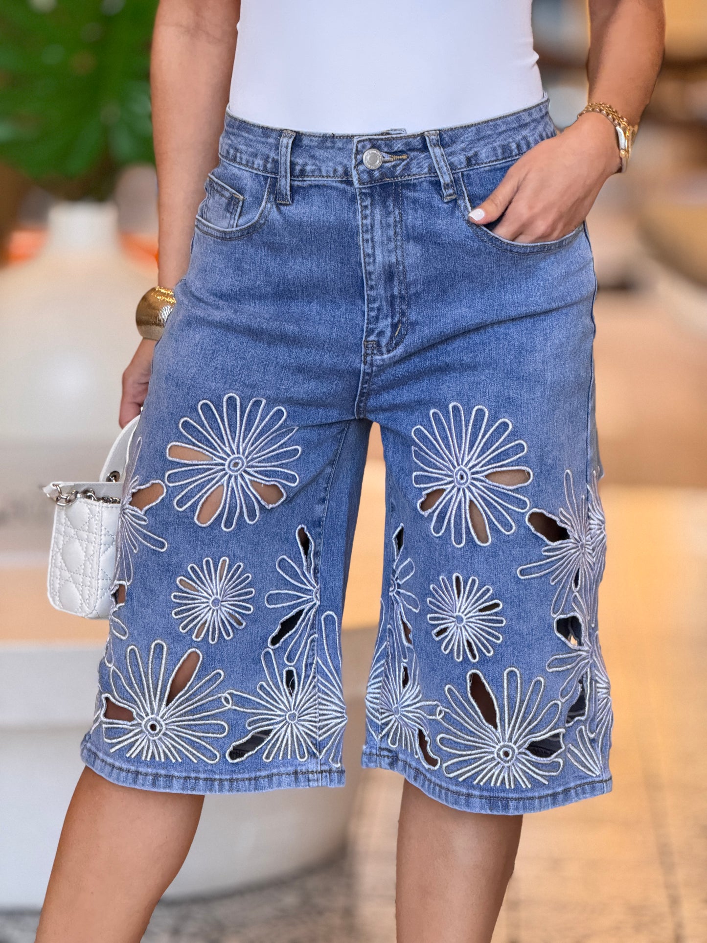 Liz Daisies White/Denim Bermuda Shorts