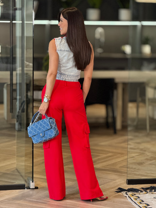 Ashley Red Denim Vest+Waistband Pants Set