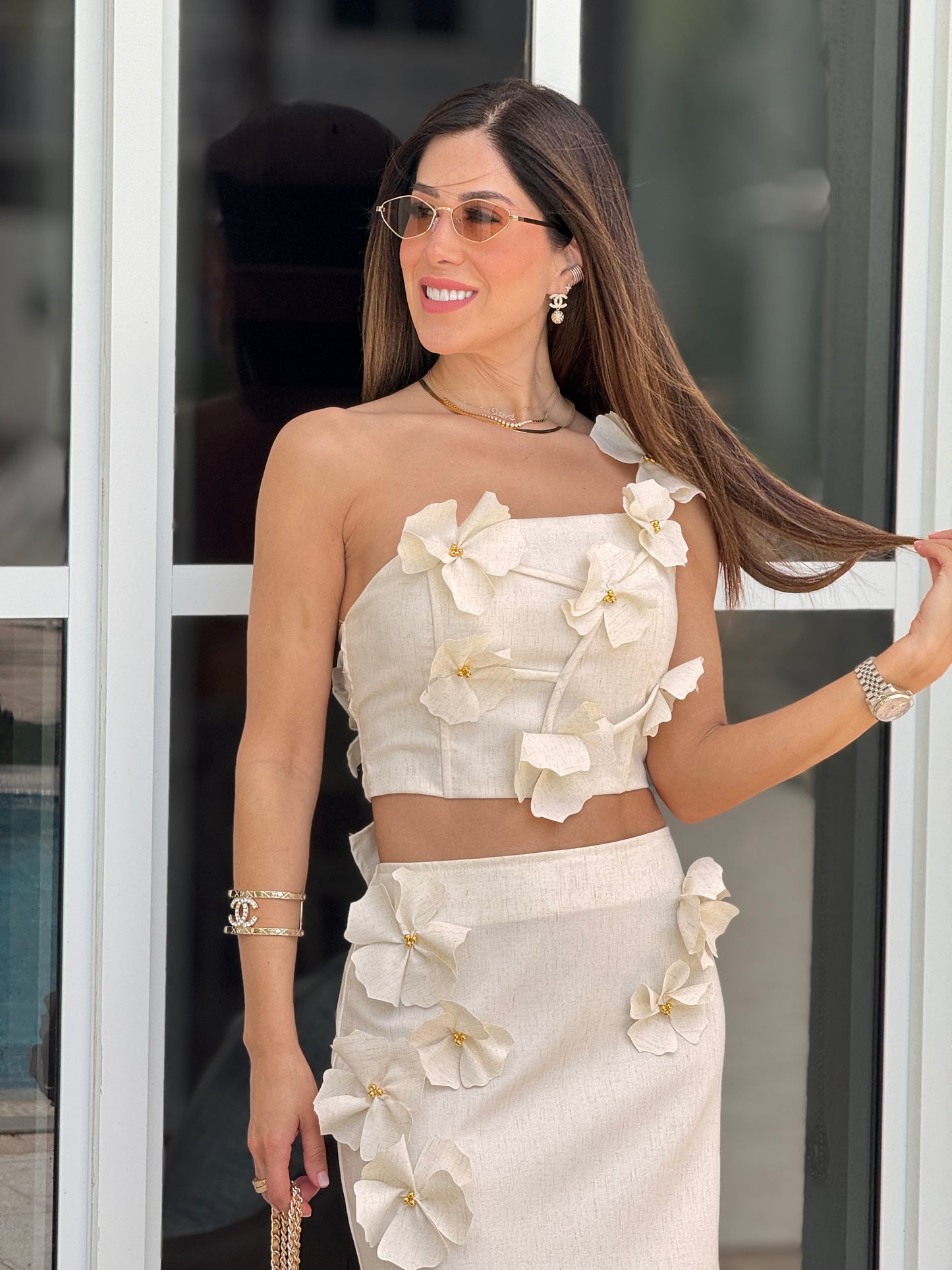 Bree Beige Linen 3D Flowers Skirt Set