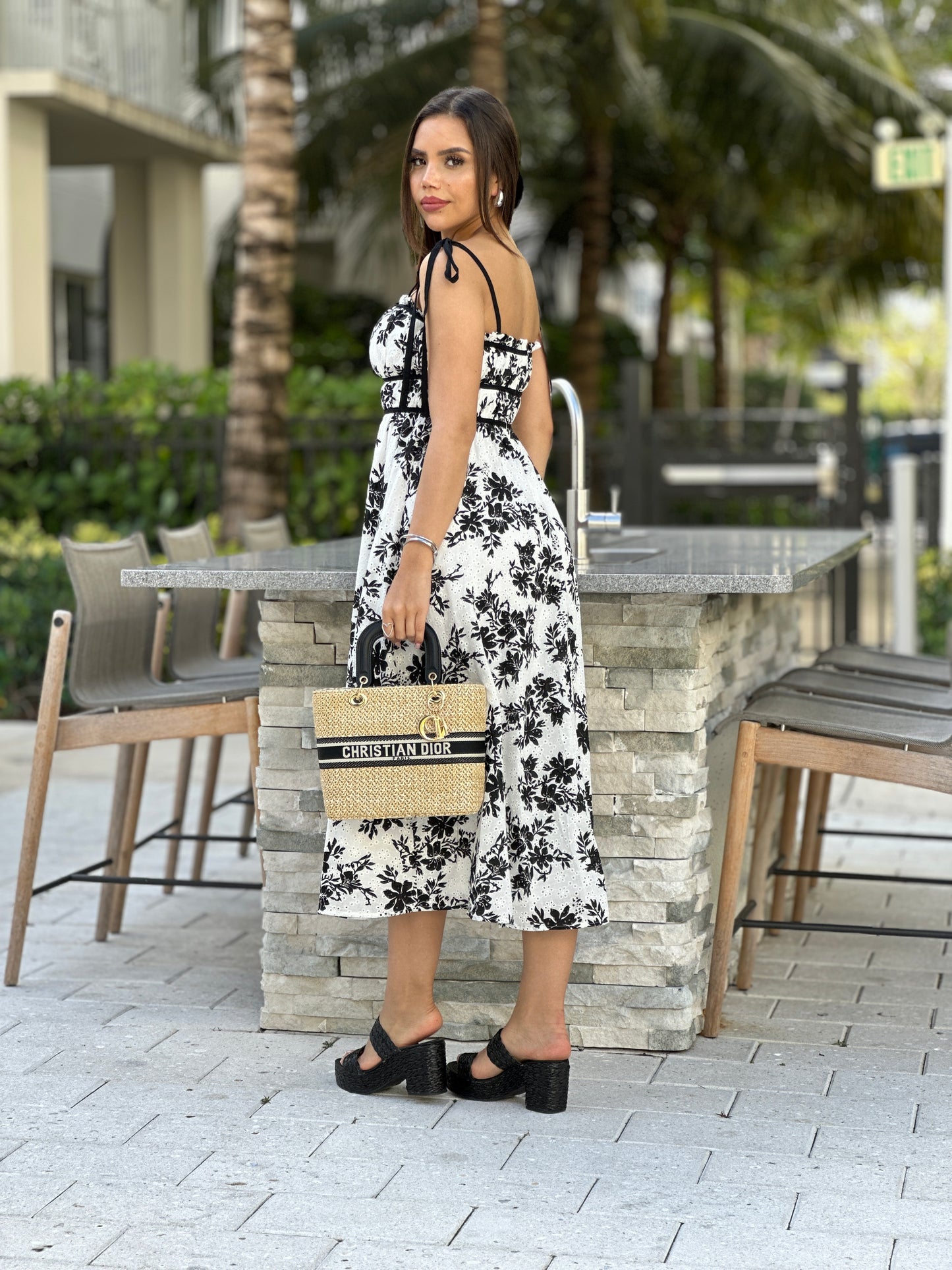 Country White&Black Texture Midi Dress