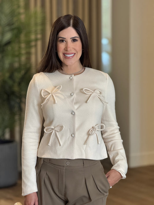 Rivera Beige Bow Knitted Cardigan Top