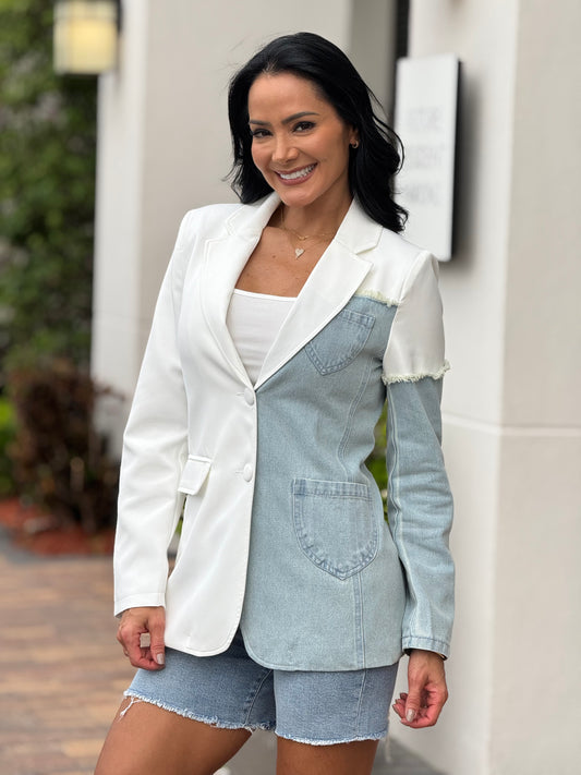 Norkys White Light Wash Patchwork Denim Blazer