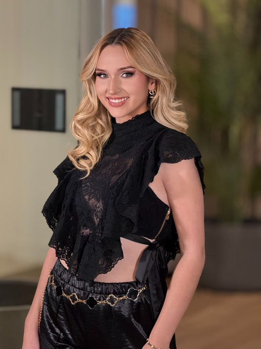 Amy Black Lace Ruffle Top