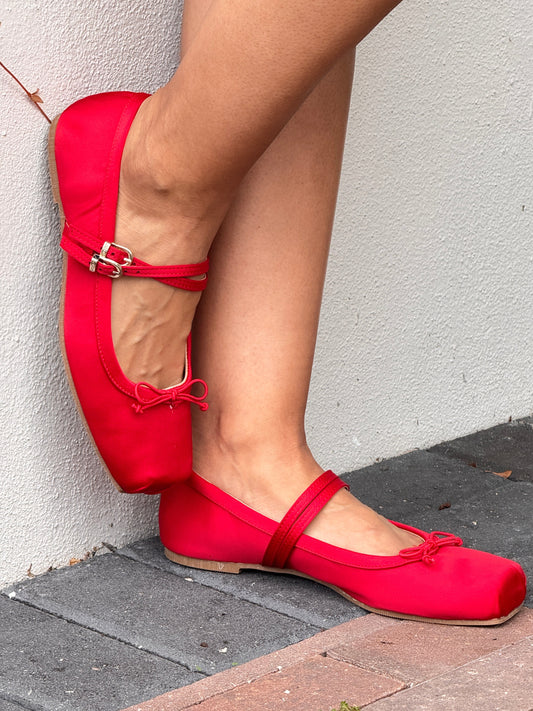 Monroe Red Satin Flats Shoes