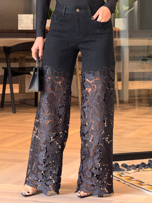 Nina Black Satin Torchon Jeans