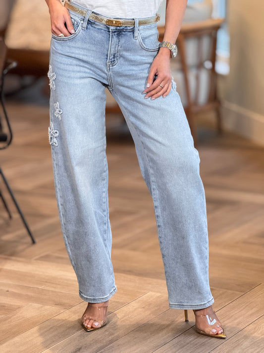 Risen Denim Embroidery Floral Jeans