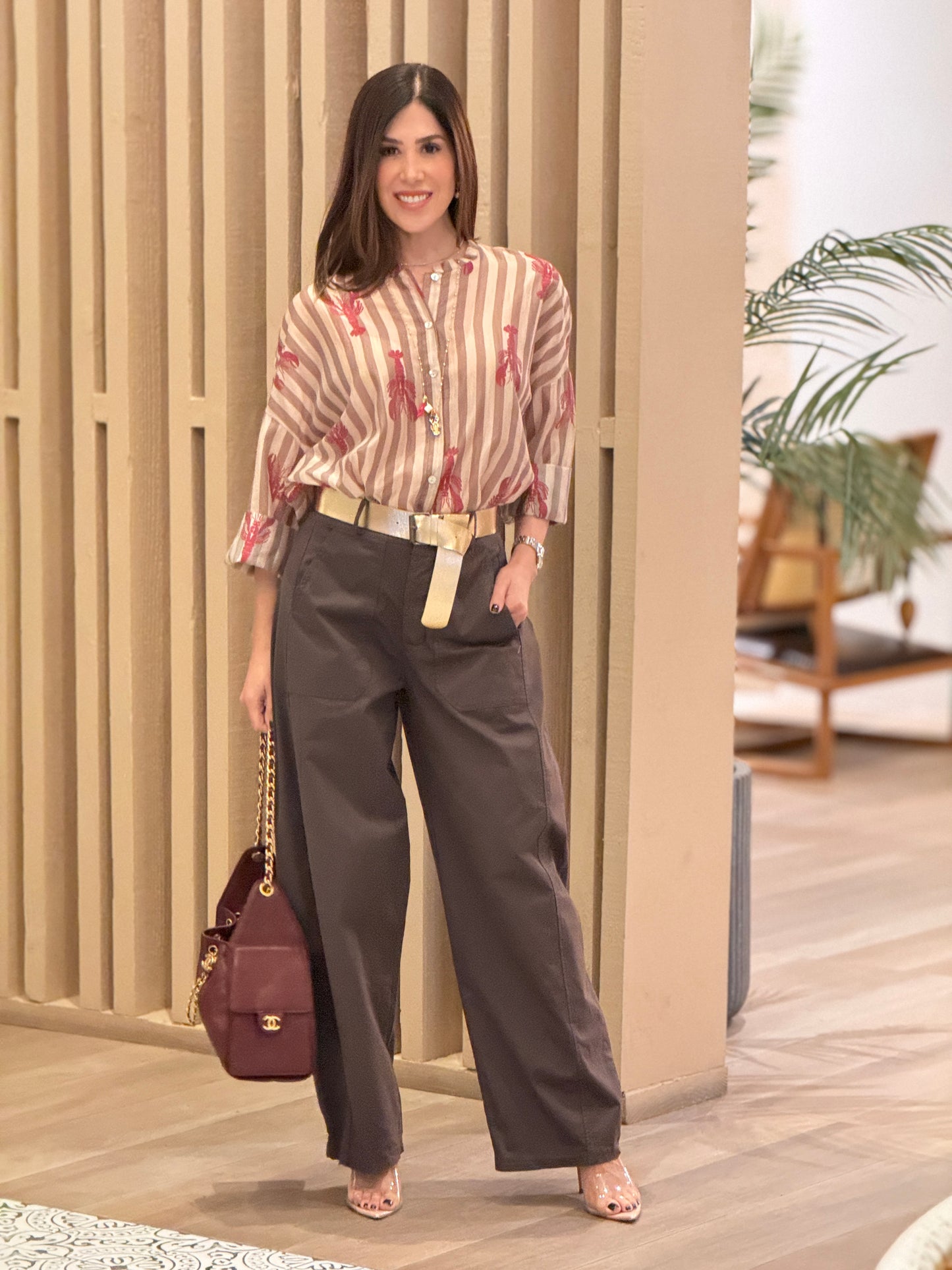Italy Brown/Gold Belt Barrel Pants