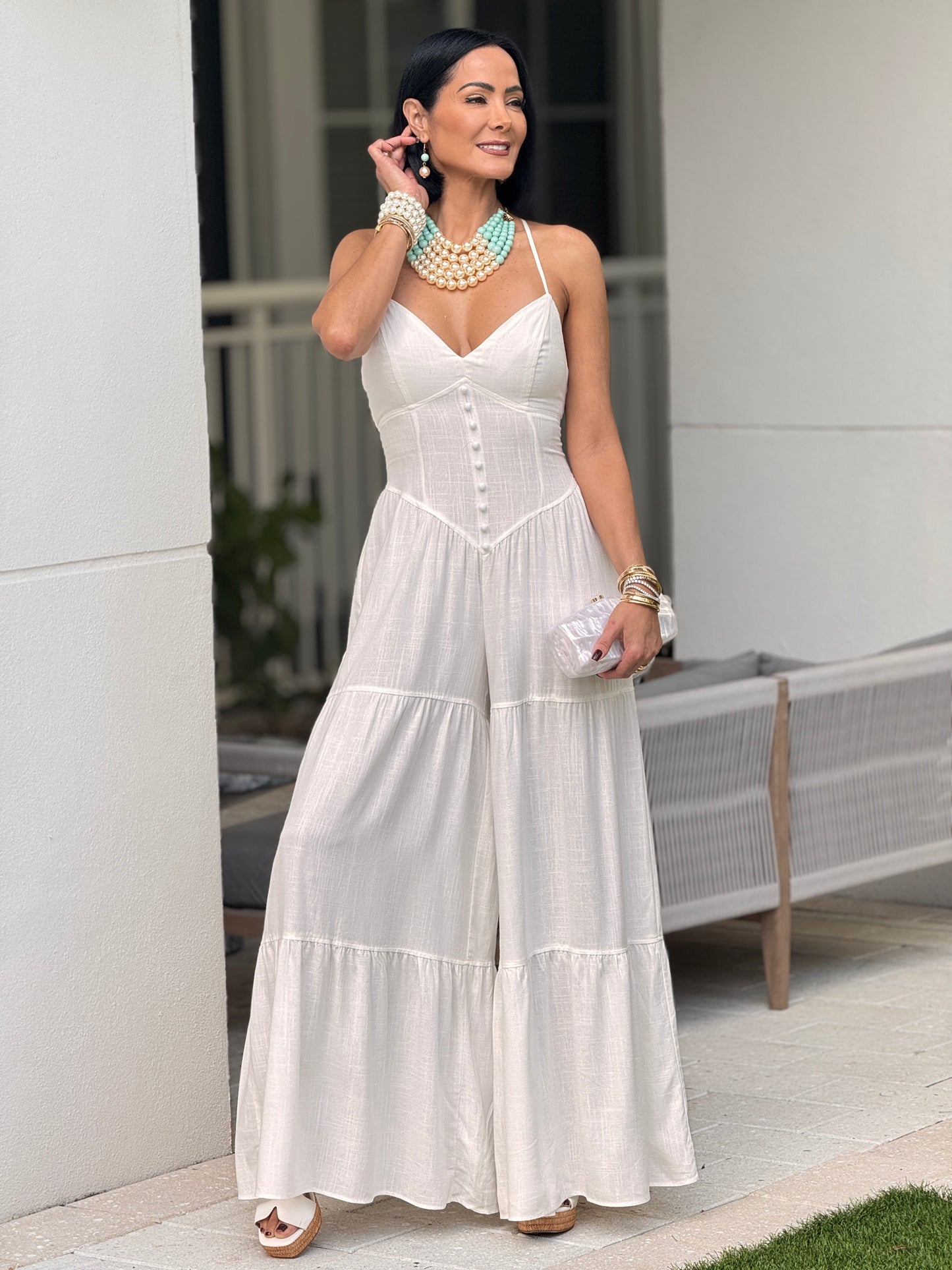 Sangie White Linen Maxi Jumpsuit