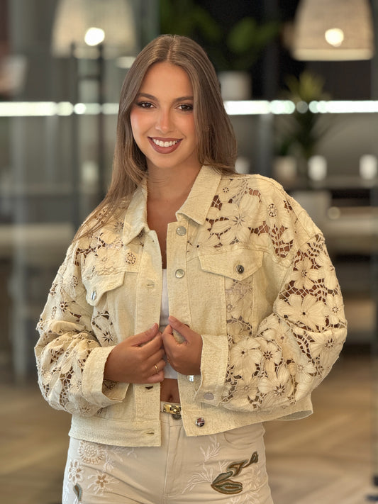 Corina Beige Torchon Denim Jacket Top