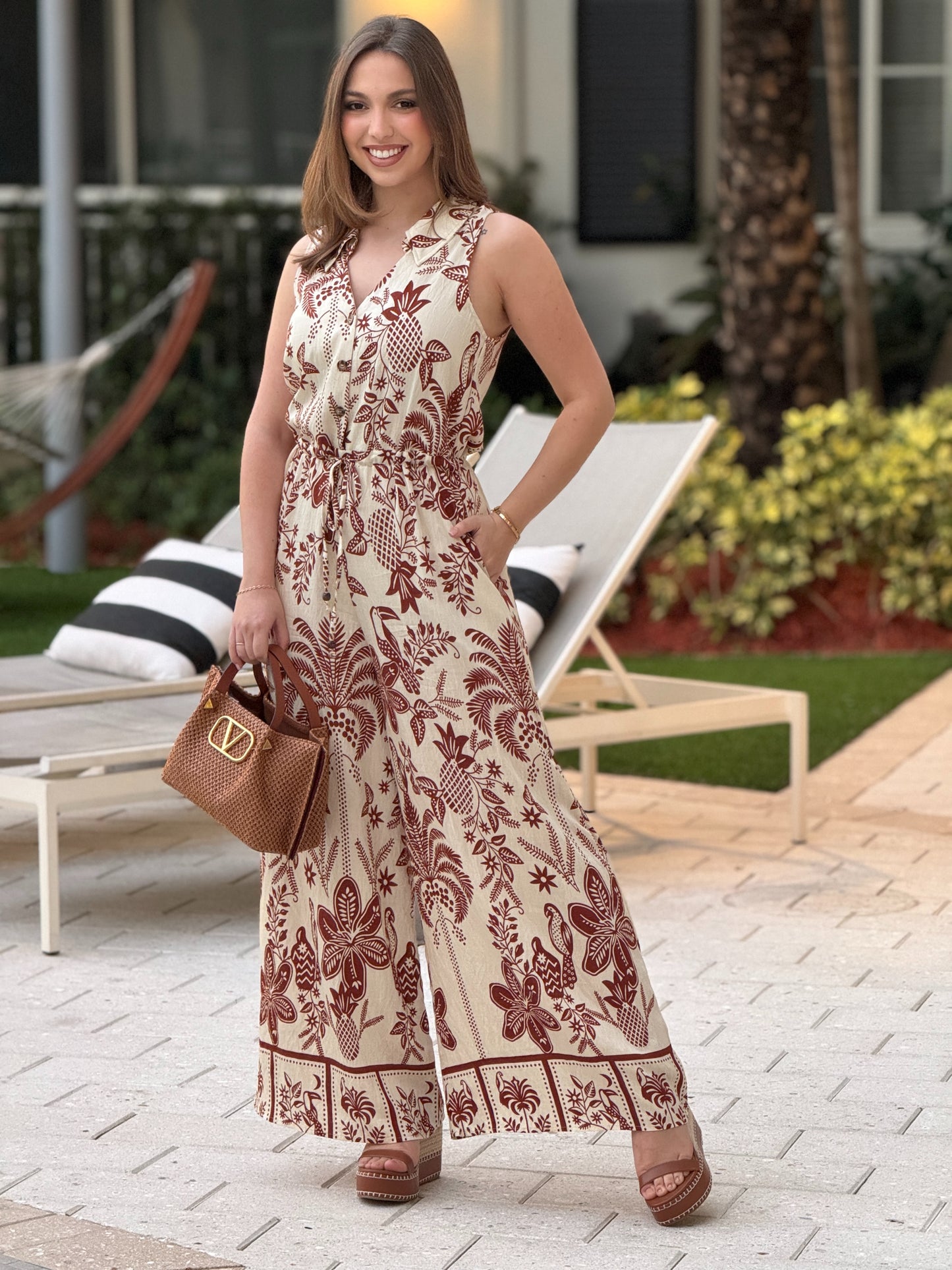 Akira Beige Palm Print Jumpsuit