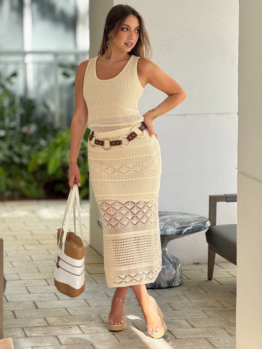 Sailing Beige Crochet Skirt Set