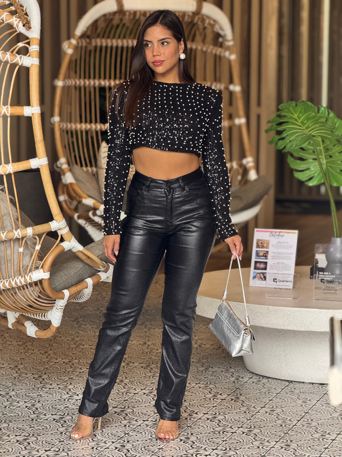 Balbina Black Sparkly Leather Pants