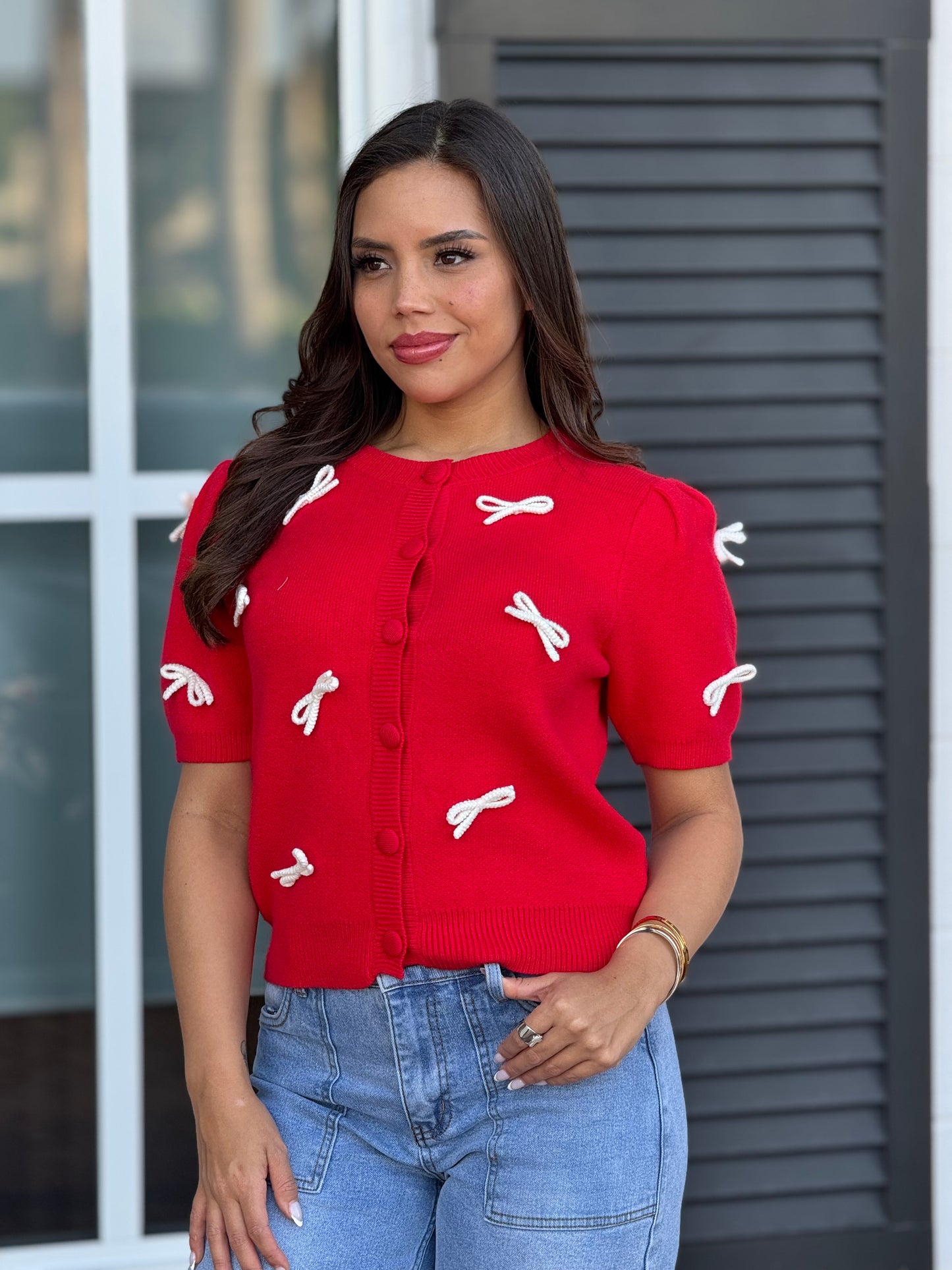 Snowy Red Bow knitted top